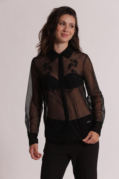 CAMICIA TRASPARENTE IN TULLE CON PERLINE