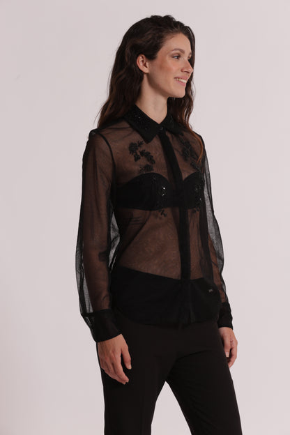 CAMICIA TRASPARENTE IN TULLE CON PERLINE