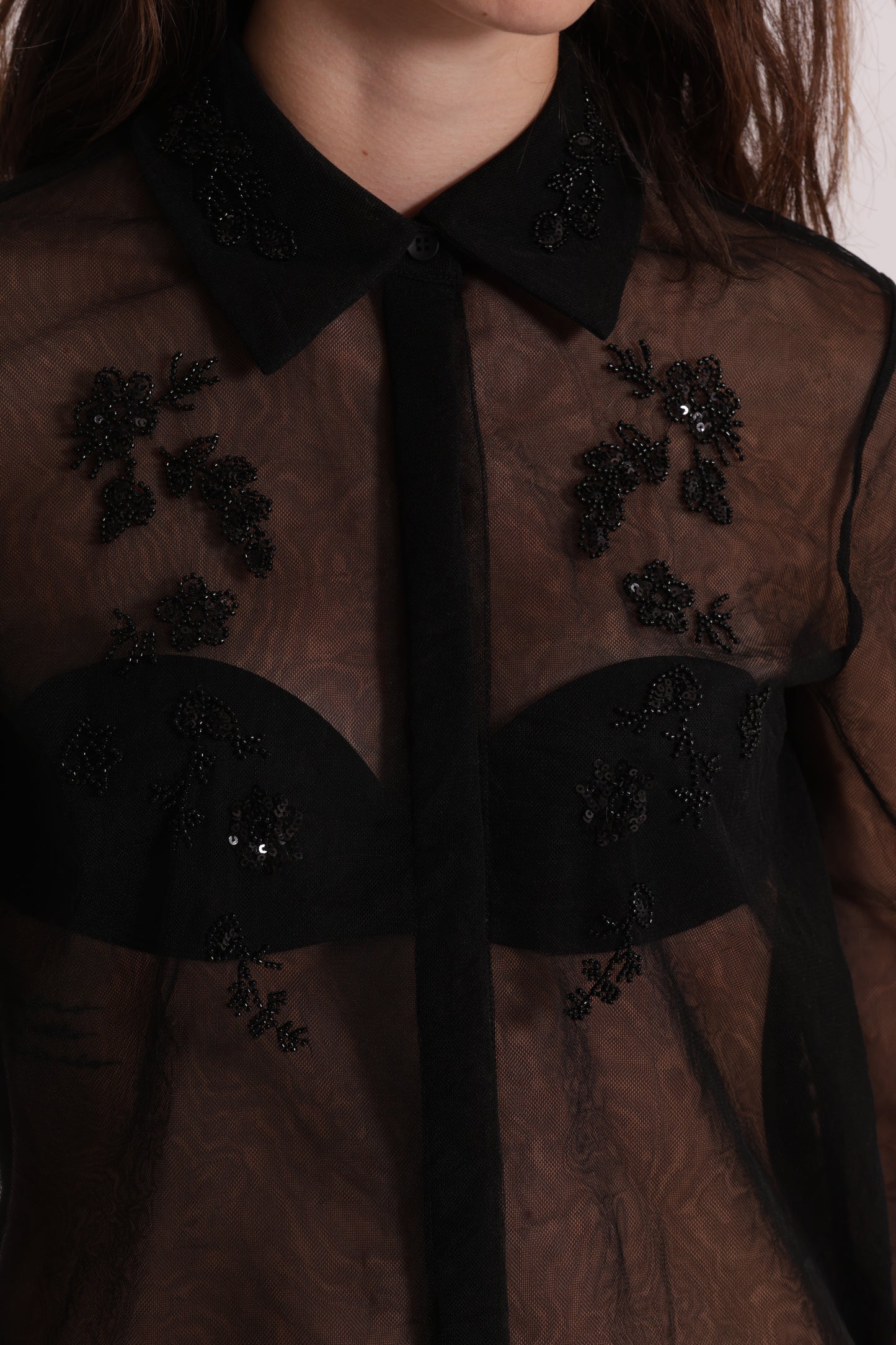 CAMICIA TRASPARENTE IN TULLE CON PERLINE