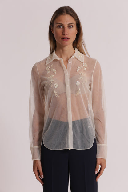 CAMICIA TRASPARENTE IN TULLE CON PERLINE