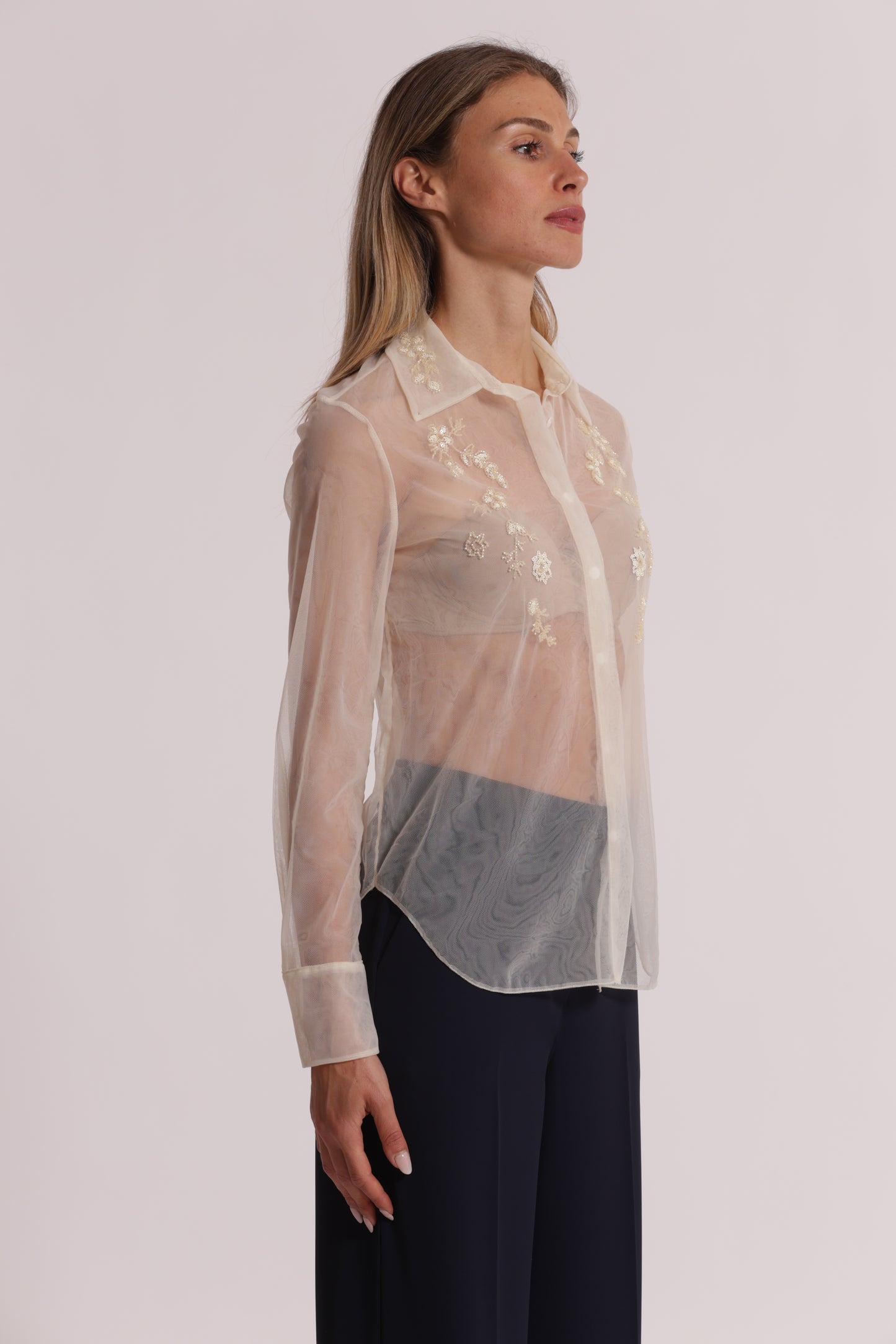 CAMICIA TRASPARENTE IN TULLE CON PERLINE