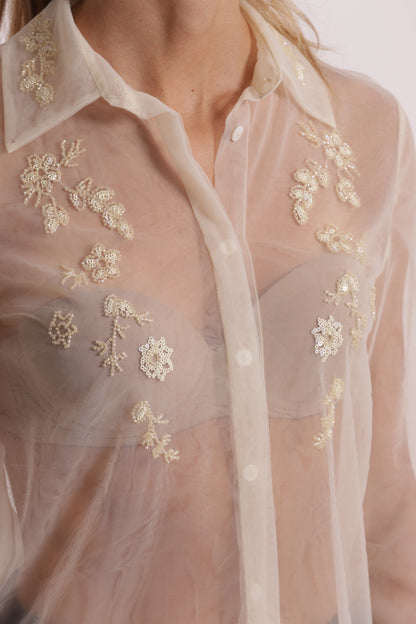 CAMICIA TRASPARENTE IN TULLE CON PERLINE