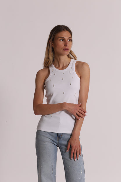 TOP CANOTTA A COSTE CON DETTAGLI IN STRASS