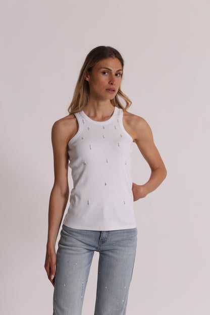 TOP CANOTTA A COSTE CON DETTAGLI IN STRASS