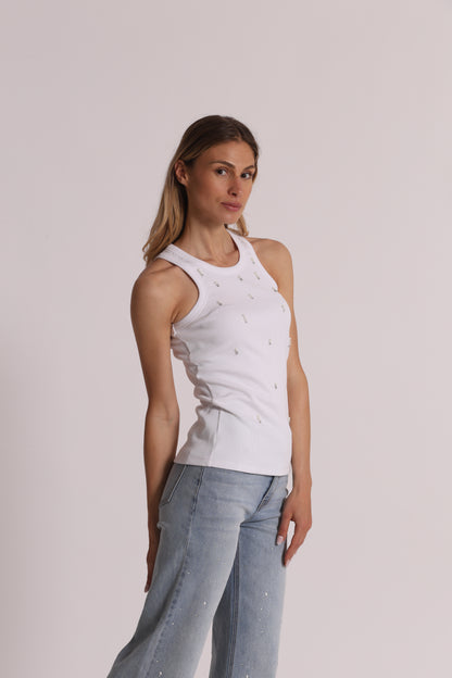 TOP CANOTTA A COSTE CON DETTAGLI IN STRASS