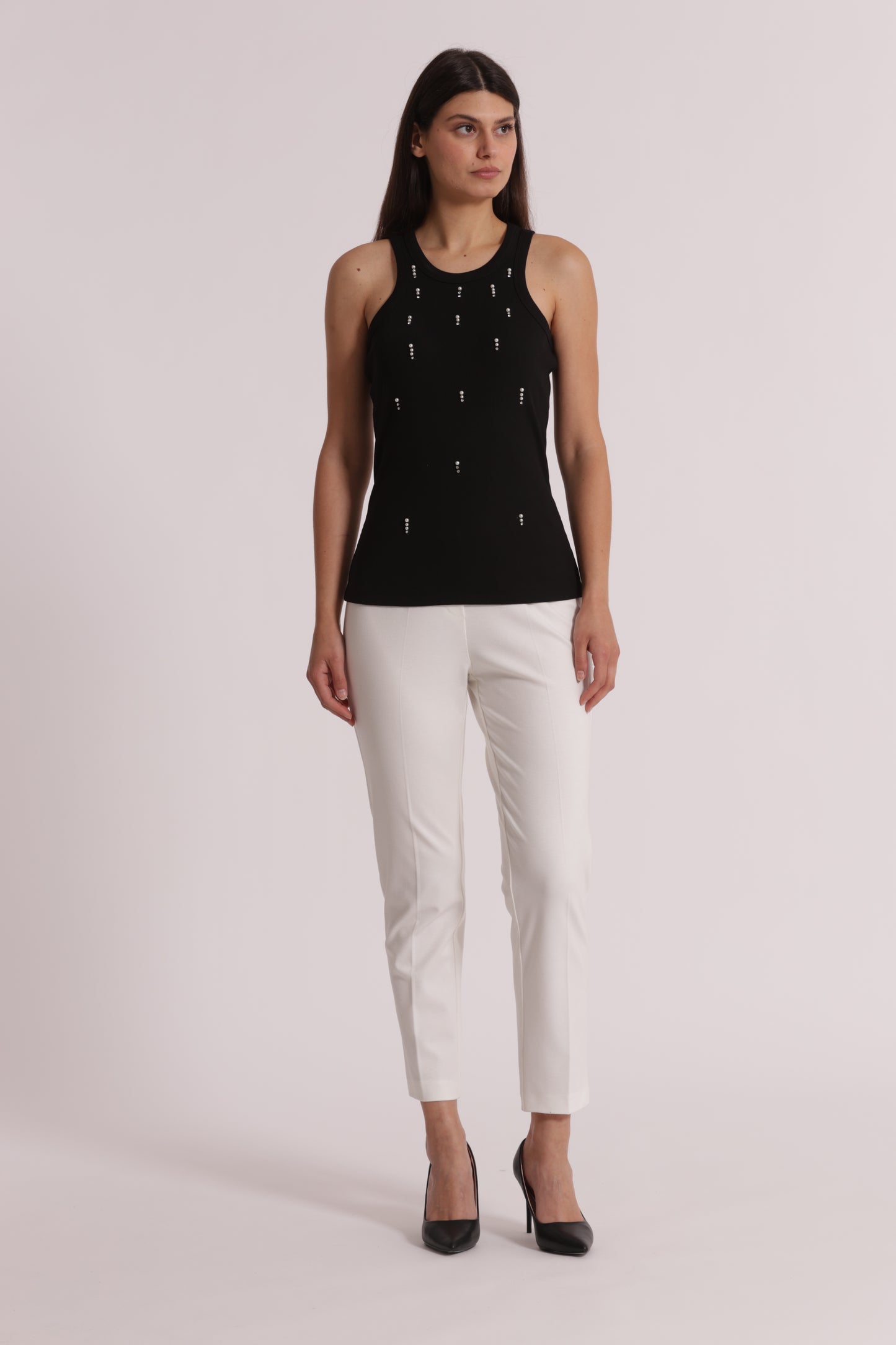 TOP CANOTTA A COSTE CON DETTAGLI IN STRASS