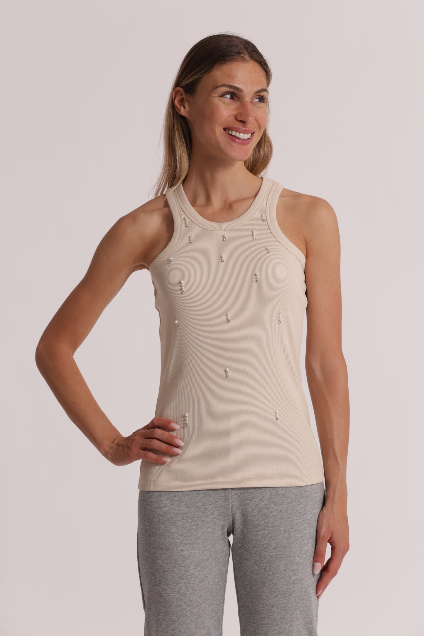 TOP CANOTTA A COSTE CON DETTAGLI IN STRASS