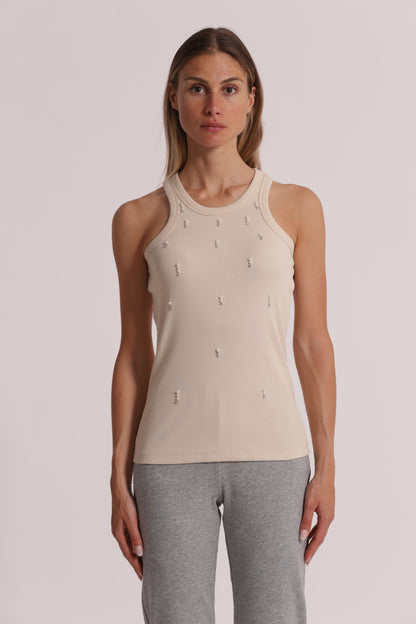 TOP CANOTTA A COSTE CON DETTAGLI IN STRASS