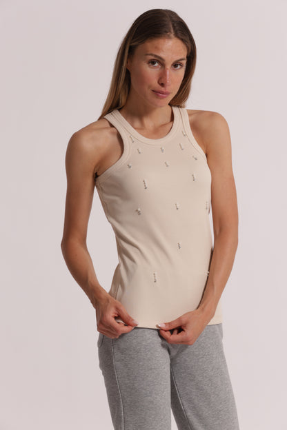 TOP CANOTTA A COSTE CON DETTAGLI IN STRASS