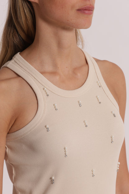 TOP CANOTTA A COSTE CON DETTAGLI IN STRASS