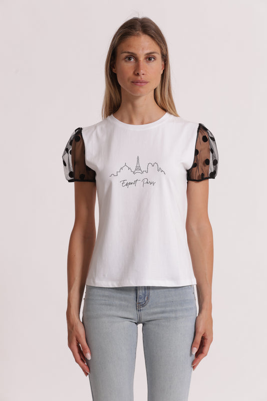 T-SHIRT "ESPRIT PARIS" CON MANICHE A POIS