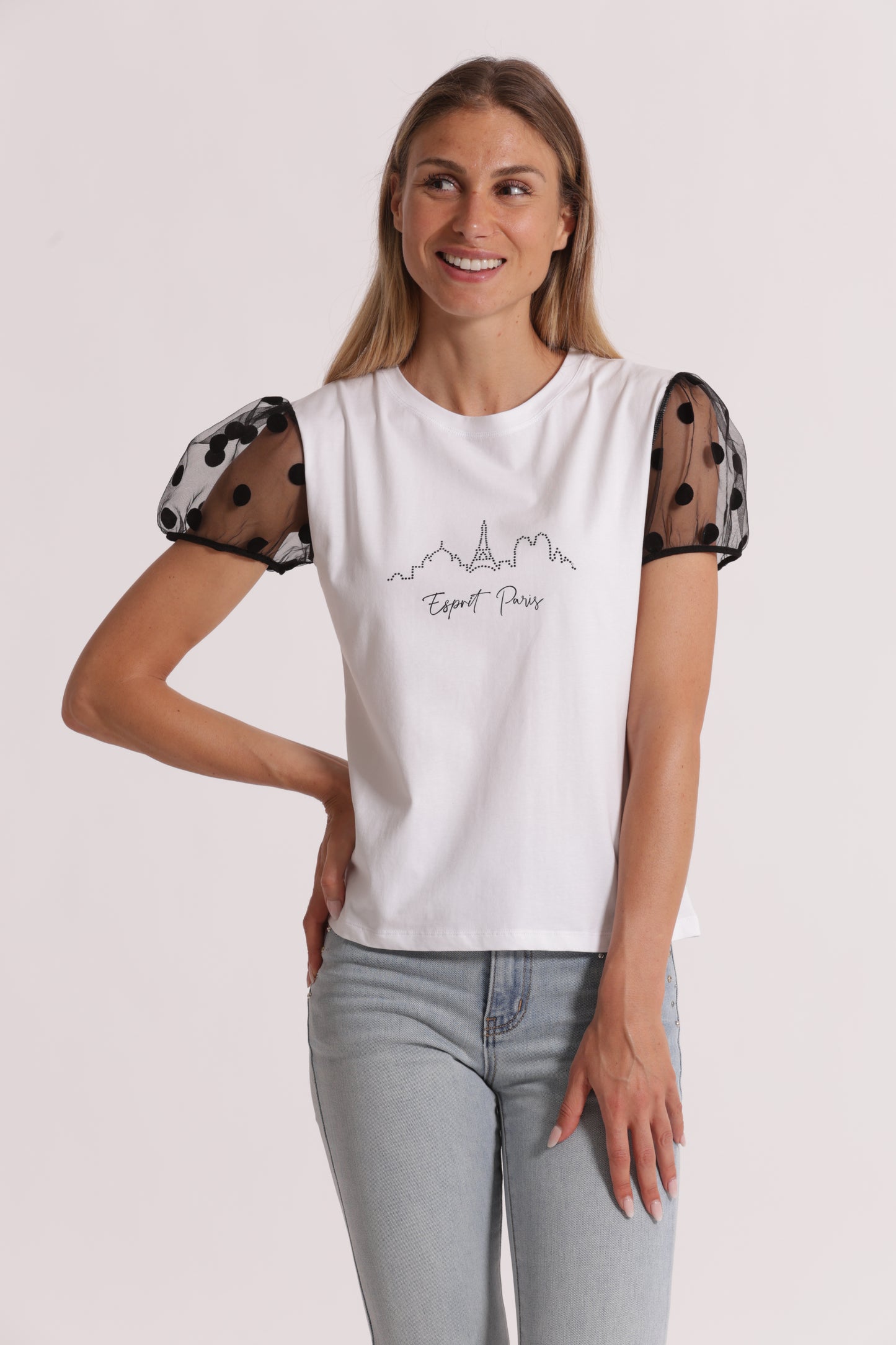 T-SHIRT "ESPRIT PARIS" CON MANICHE A POIS