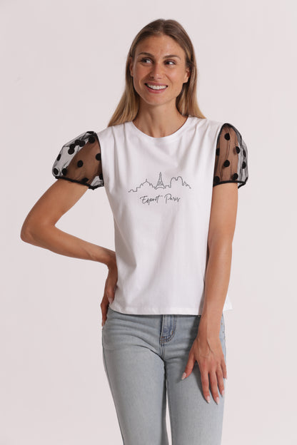 T-SHIRT "ESPRIT PARIS" CON MANICHE A POIS