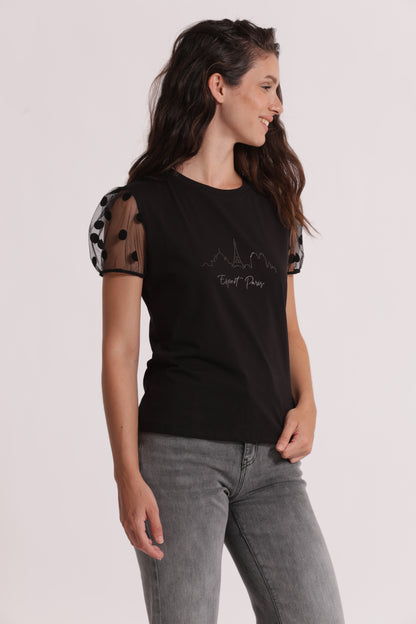 T-SHIRT "ESPRIT PARIS" CON MANICHE A POIS