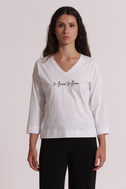 T-SHIRT "MIMI-MUA" SCOLLO A V E MANICHE LUNGHE