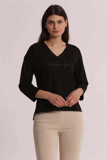 T-SHIRT "MIMI-MUA" SCOLLO A V E MANICHE LUNGHE