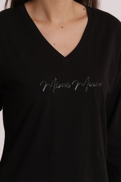 T-SHIRT "MIMI-MUA" SCOLLO A V E MANICHE LUNGHE
