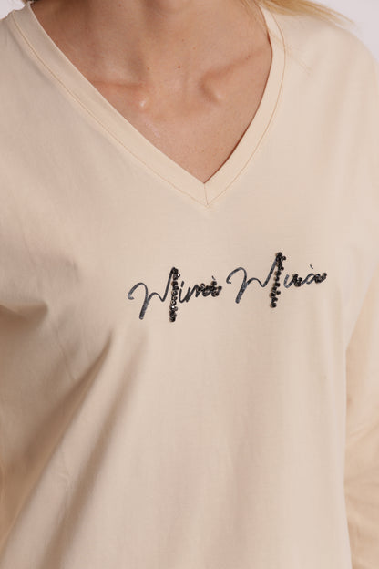 T-SHIRT "MIMI-MUA" SCOLLO A V E MANICHE LUNGHE
