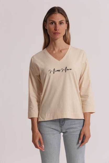T-SHIRT "MIMI-MUA" SCOLLO A V E MANICHE LUNGHE