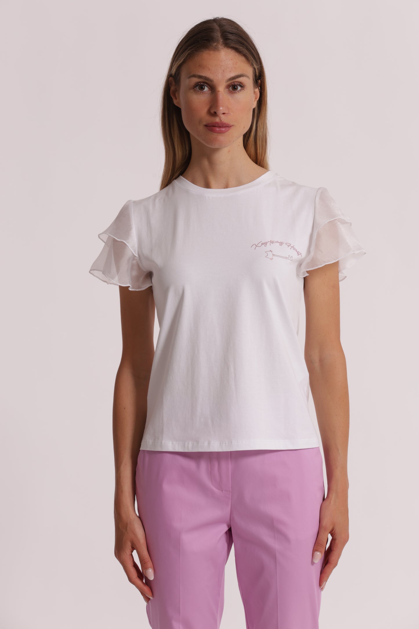 T-SHIRT "KEY TO MY HEART" E MANICHE CON VOLANT