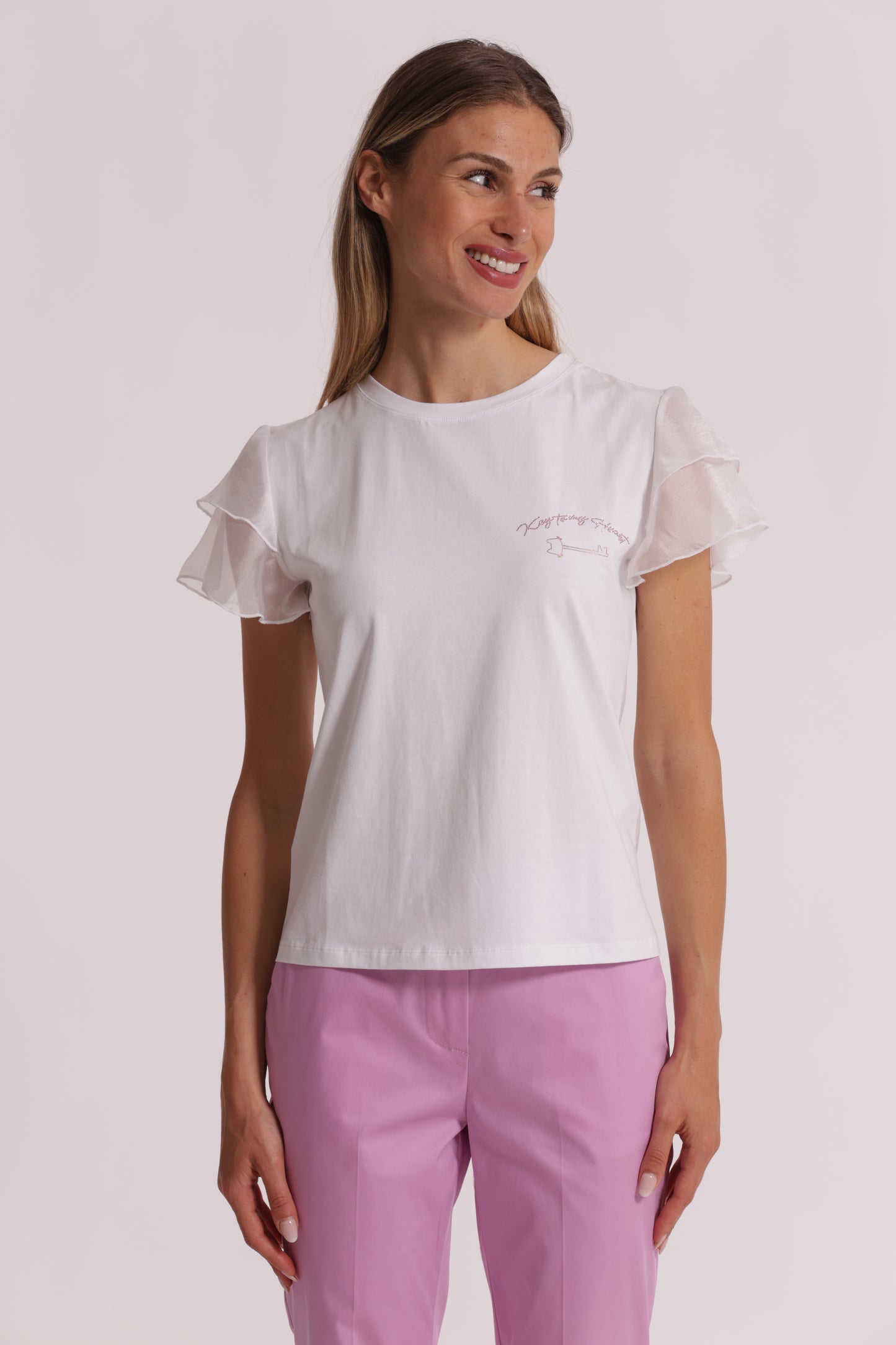 T-SHIRT "KEY TO MY HEART" E MANICHE CON VOLANT