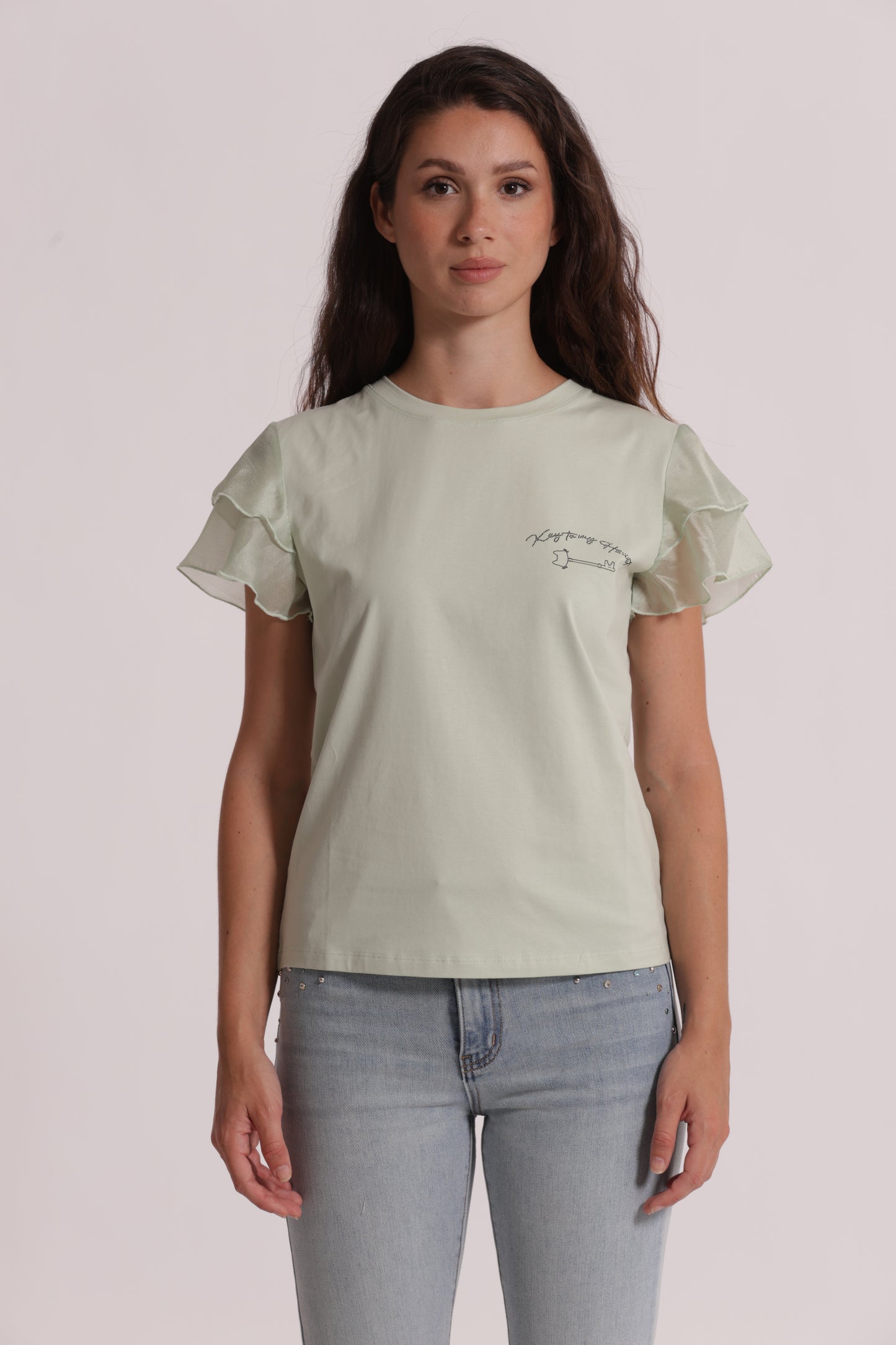 T-SHIRT "KEY TO MY HEART" E MANICHE CON VOLANT