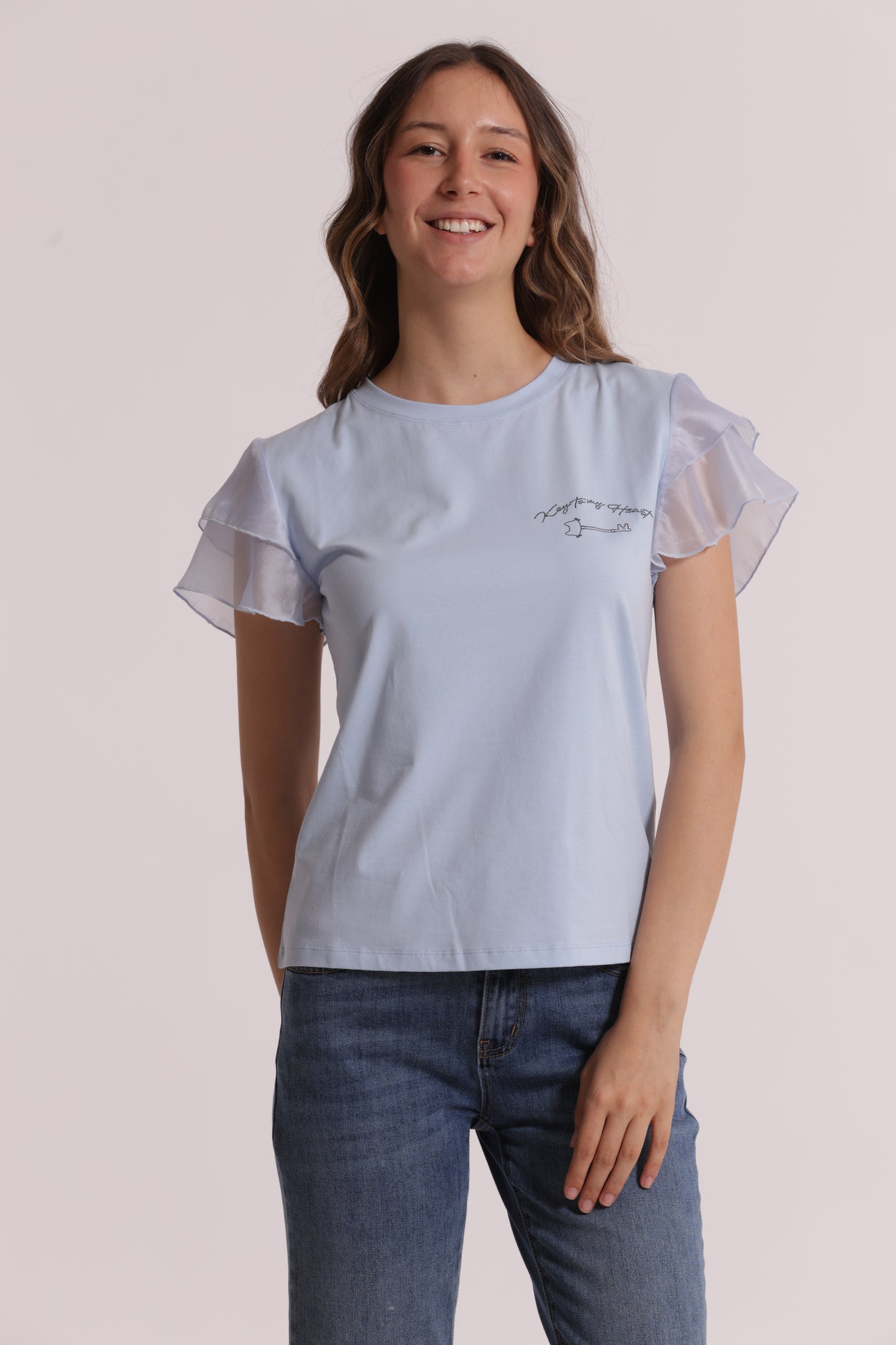 T-SHIRT "KEY TO MY HEART" E MANICHE CON VOLANT