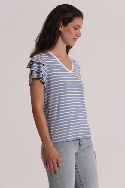 T-SHIRT A RIGHE CON MANICHE IN VOLANT