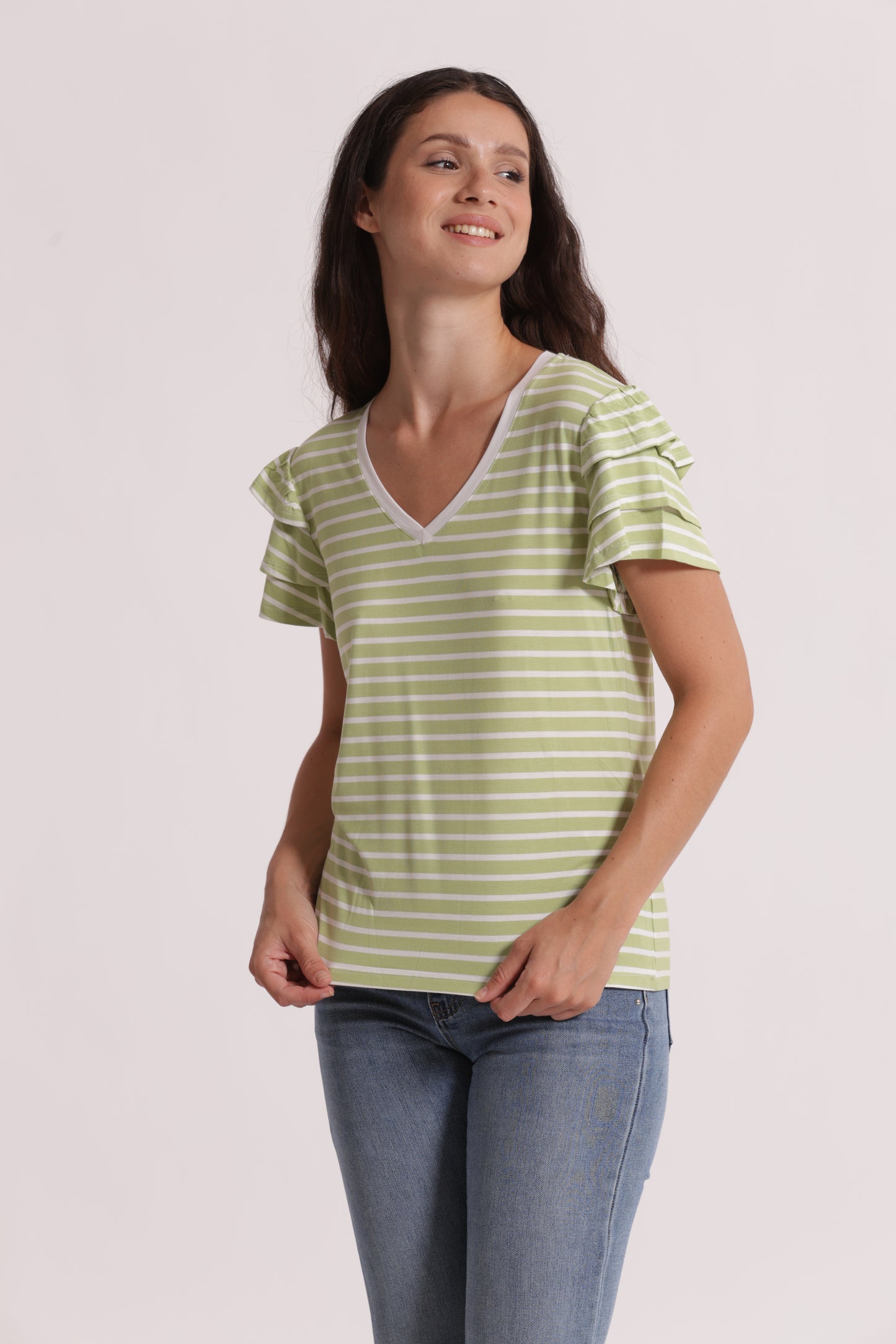 T-SHIRT A RIGHE CON MANICHE IN VOLANT