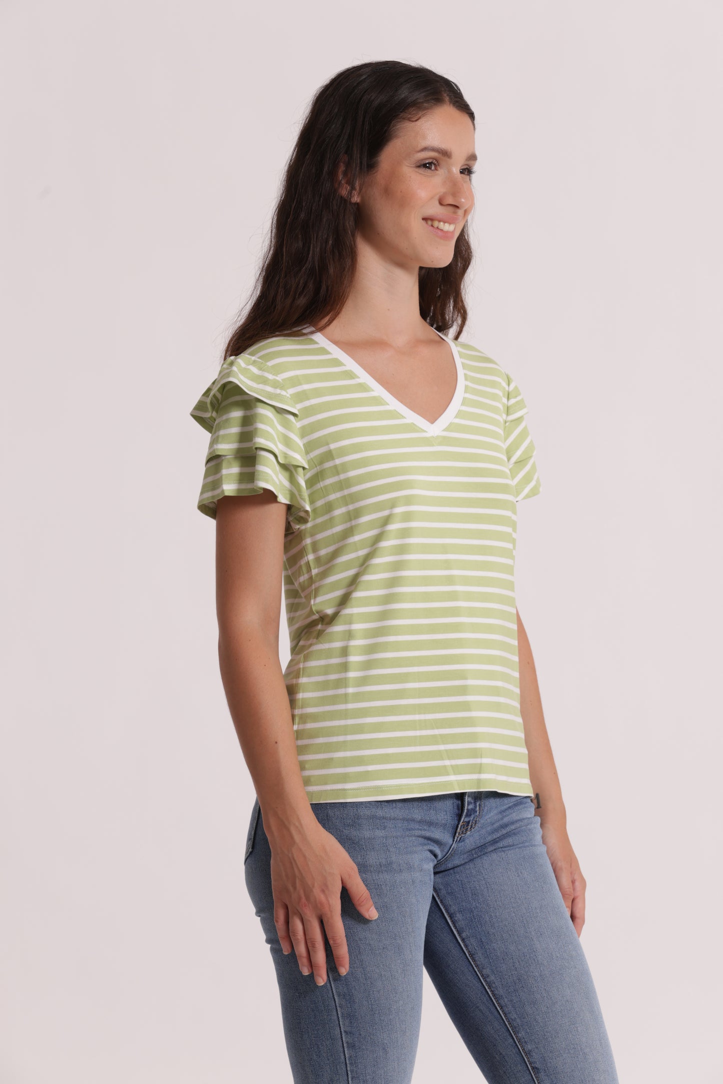 T-SHIRT A RIGHE CON MANICHE IN VOLANT