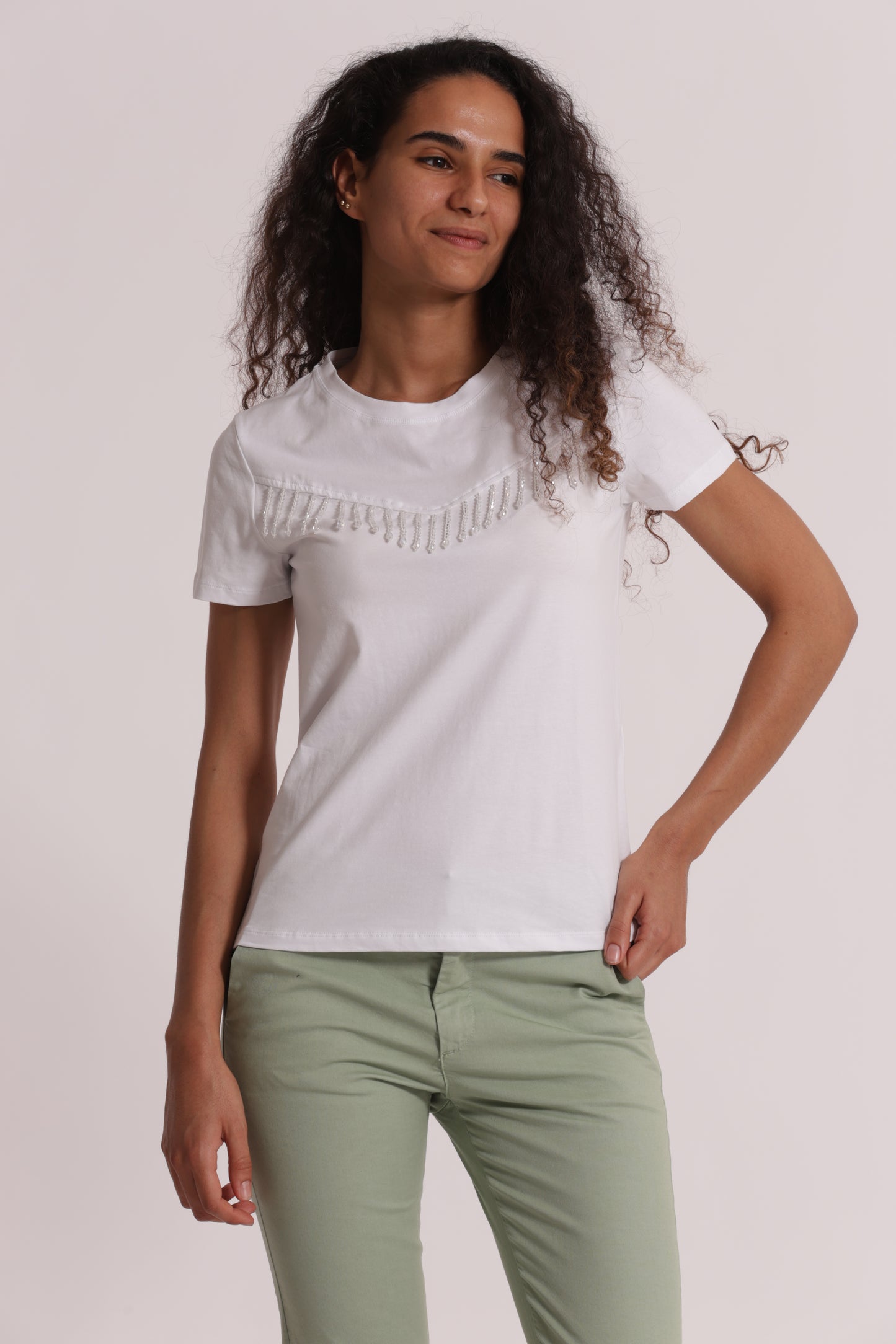 T-SHIRT CON FRANGE DI PERLINE
