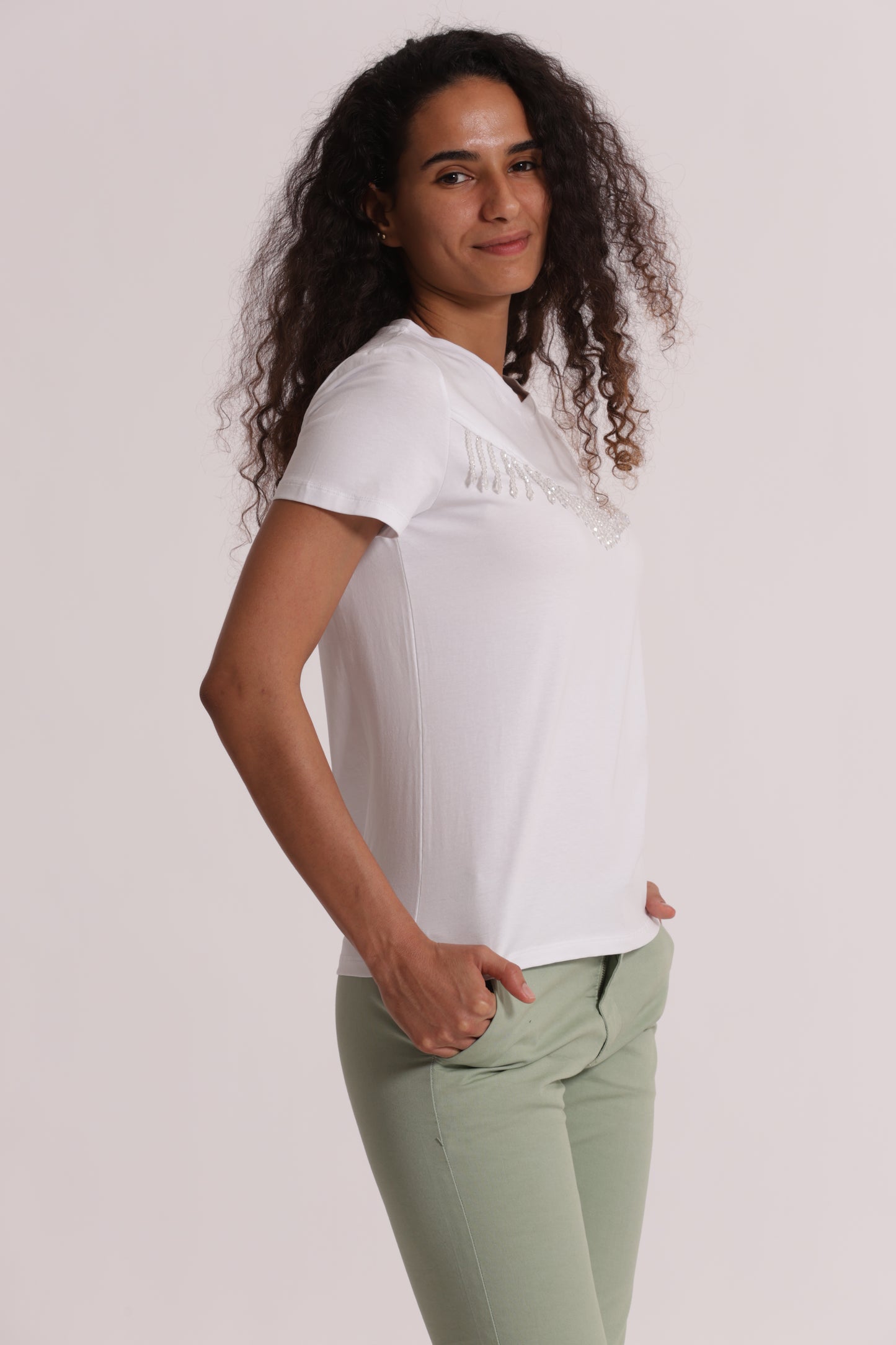 T-SHIRT CON FRANGE DI PERLINE