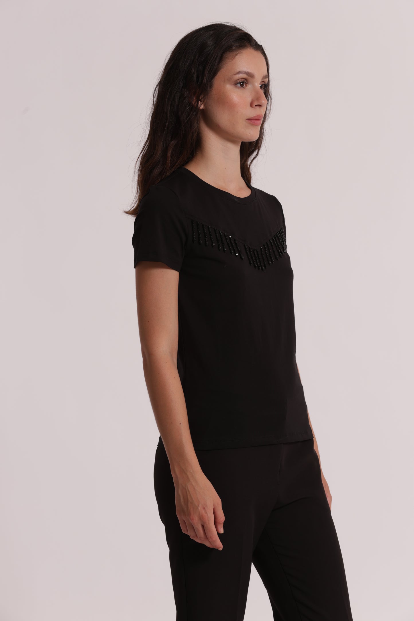 T-SHIRT CON FRANGE DI PERLINE