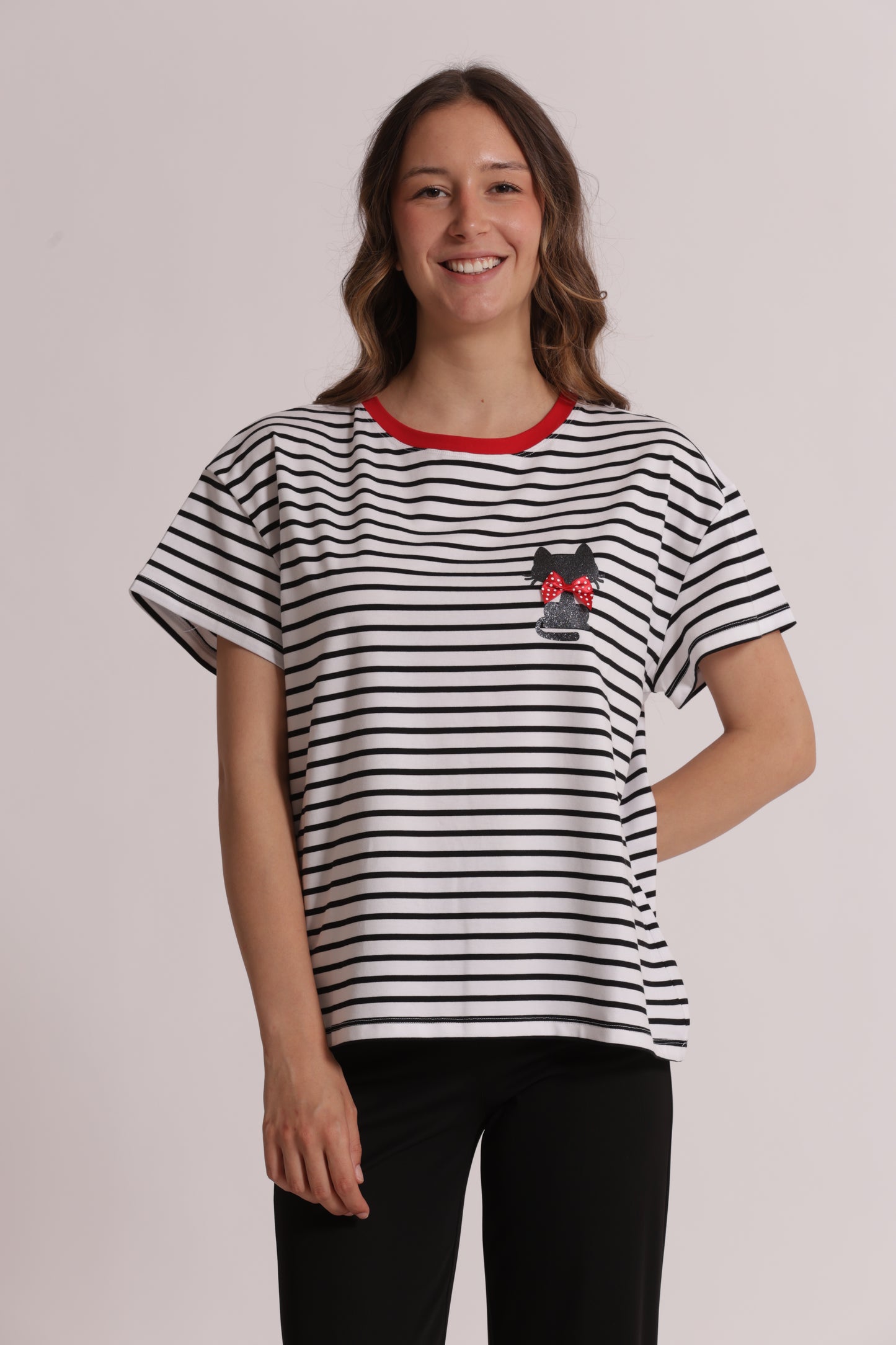 T-SHIRT RIGHE CON STAMPA GATTO