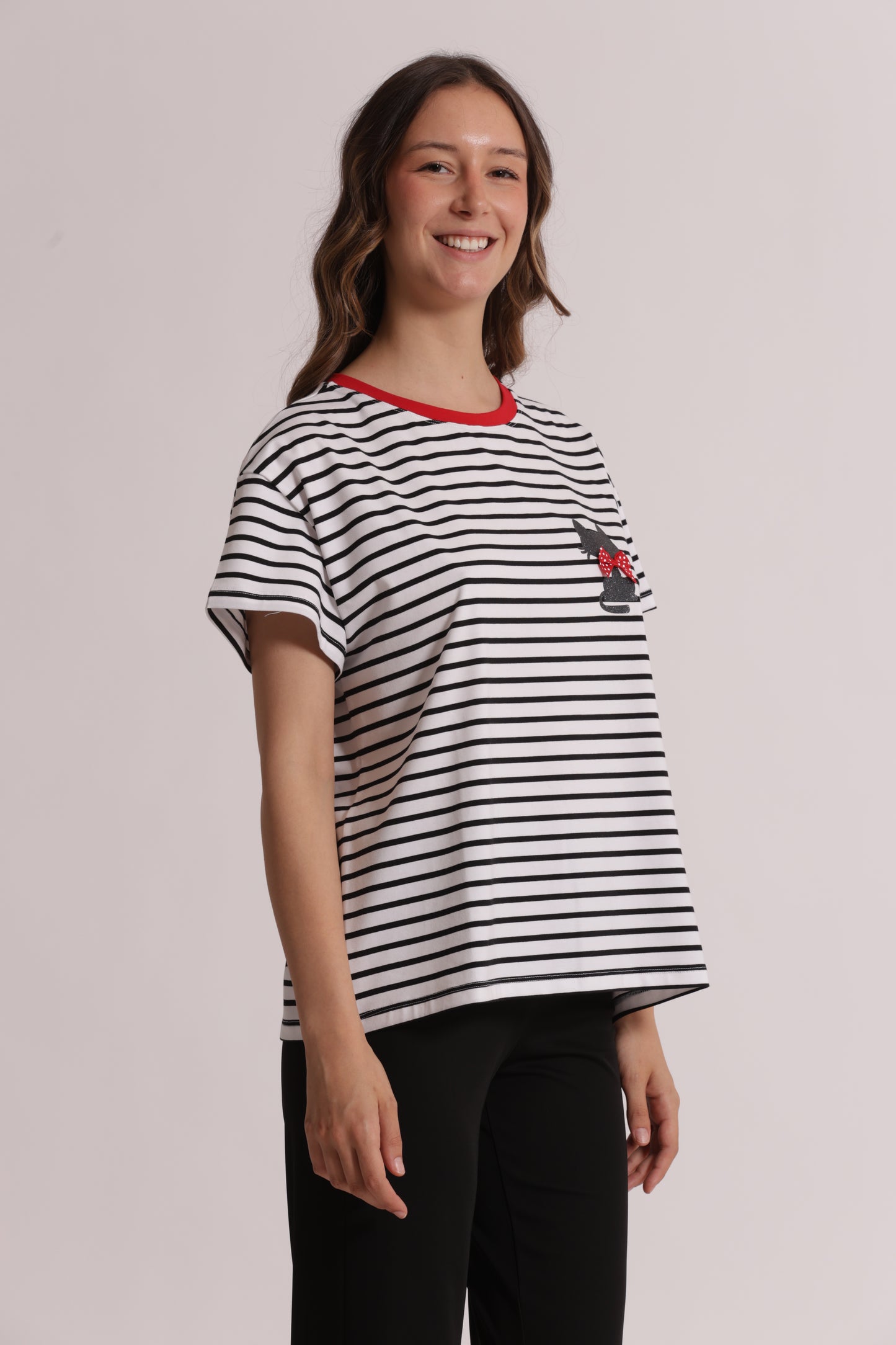 T-SHIRT RIGHE CON STAMPA GATTO