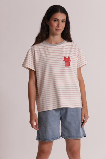 T-SHIRT RIGHE CON STAMPA GATTO