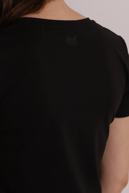 T-SHIRT BASIC CON RICAMO GATTO CON SCOLLO A V