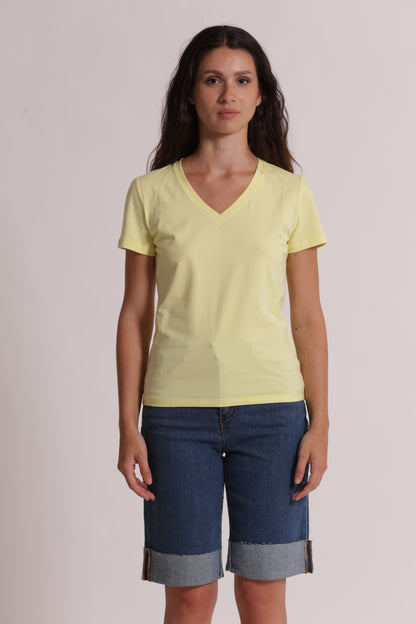 T-SHIRT BASIC CON RICAMO GATTO CON SCOLLO A V
