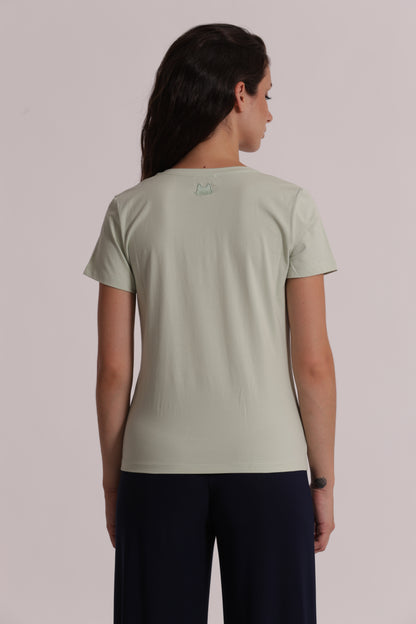 T-SHIRT BASIC CON RICAMO GATTO CON SCOLLO A V