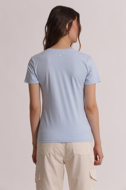 T-SHIRT BASIC CON RICAMO GATTO CON SCOLLO A V