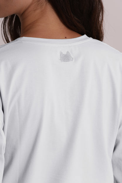 T-SHIRT BASIC CON RICAMO GATTO MANICHE LUNGHE