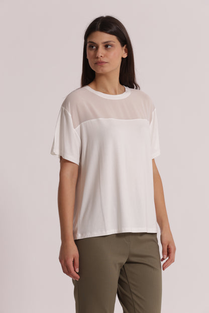 T-SHIRT SCOLLO TONDO CON DETTAGLI IN GEORGETTE