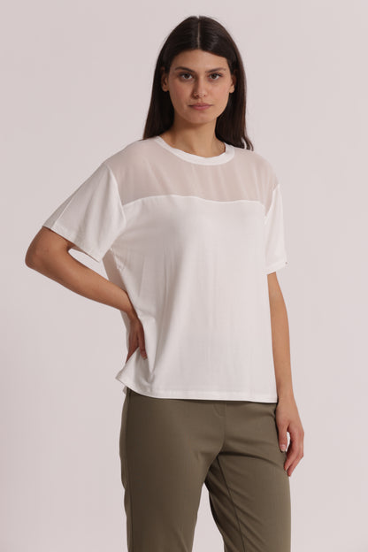 T-SHIRT SCOLLO TONDO CON DETTAGLI IN GEORGETTE