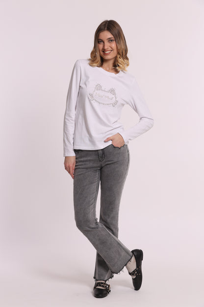 T-SHIRT A MANICHE LUNGHE CON GATTO STRASS