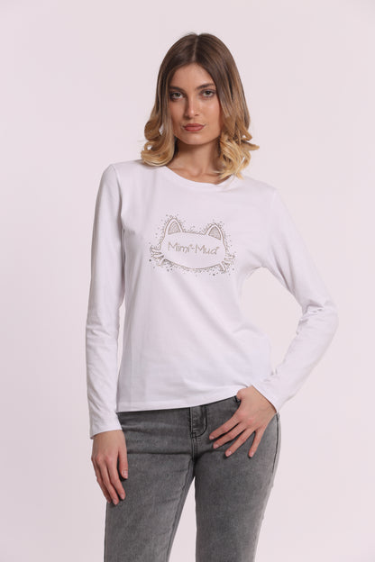 T-SHIRT A MANICHE LUNGHE CON GATTO STRASS