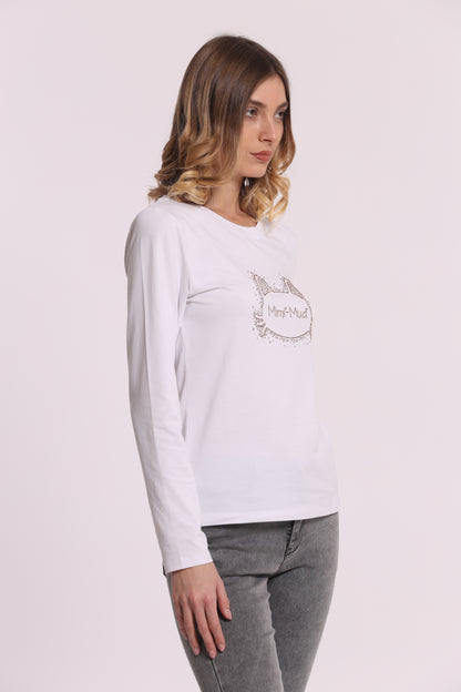 T-SHIRT A MANICHE LUNGHE CON GATTO STRASS