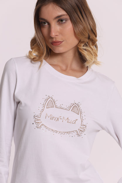 T-SHIRT A MANICHE LUNGHE CON GATTO STRASS