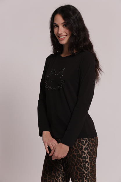 T-SHIRT A MANICHE LUNGHE CON GATTO STRASS