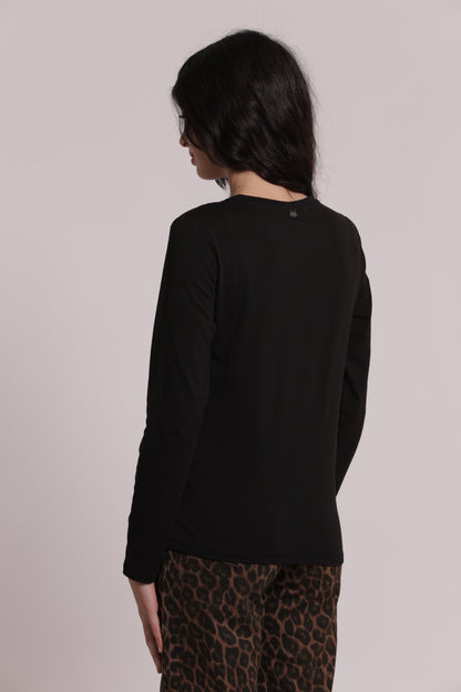 T-SHIRT A MANICHE LUNGHE CON GATTO STRASS
