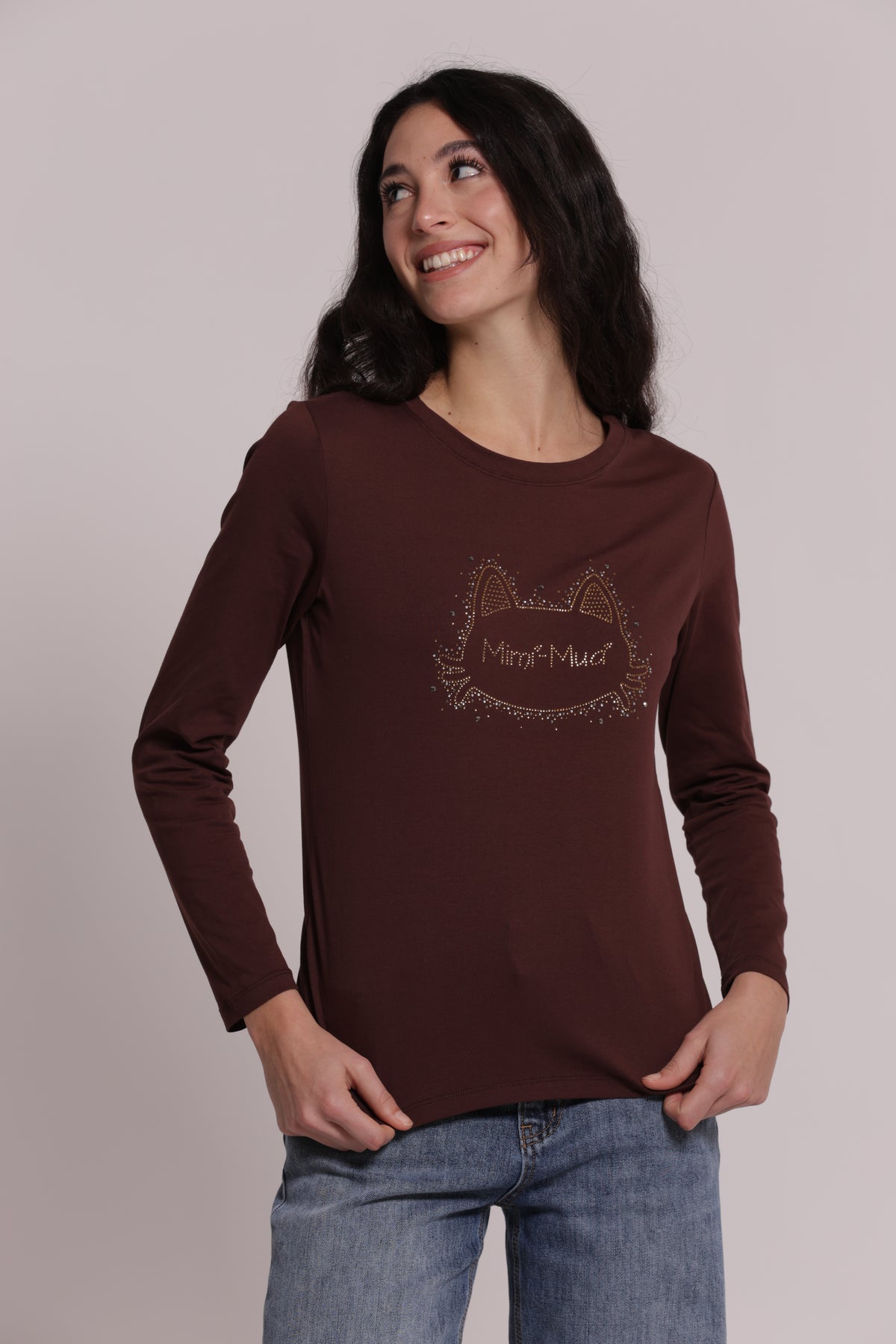 T-SHIRT A MANICHE LUNGHE CON GATTO STRASS